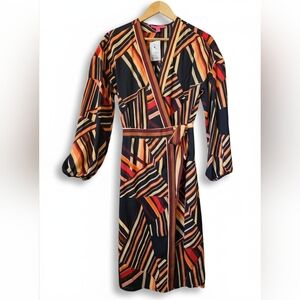 70s Inspired Geometric Wrap Dress | Statement Print Tie Waist